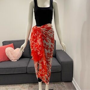 NWT RED CORAL Scarf Shawl Cover-Up Pareo Wrap Floral Sheer Blush Pink Orange Red
